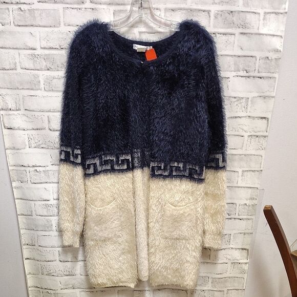 Blue and White Cardigan Sweater with Textured Design - Picture 1 of 3